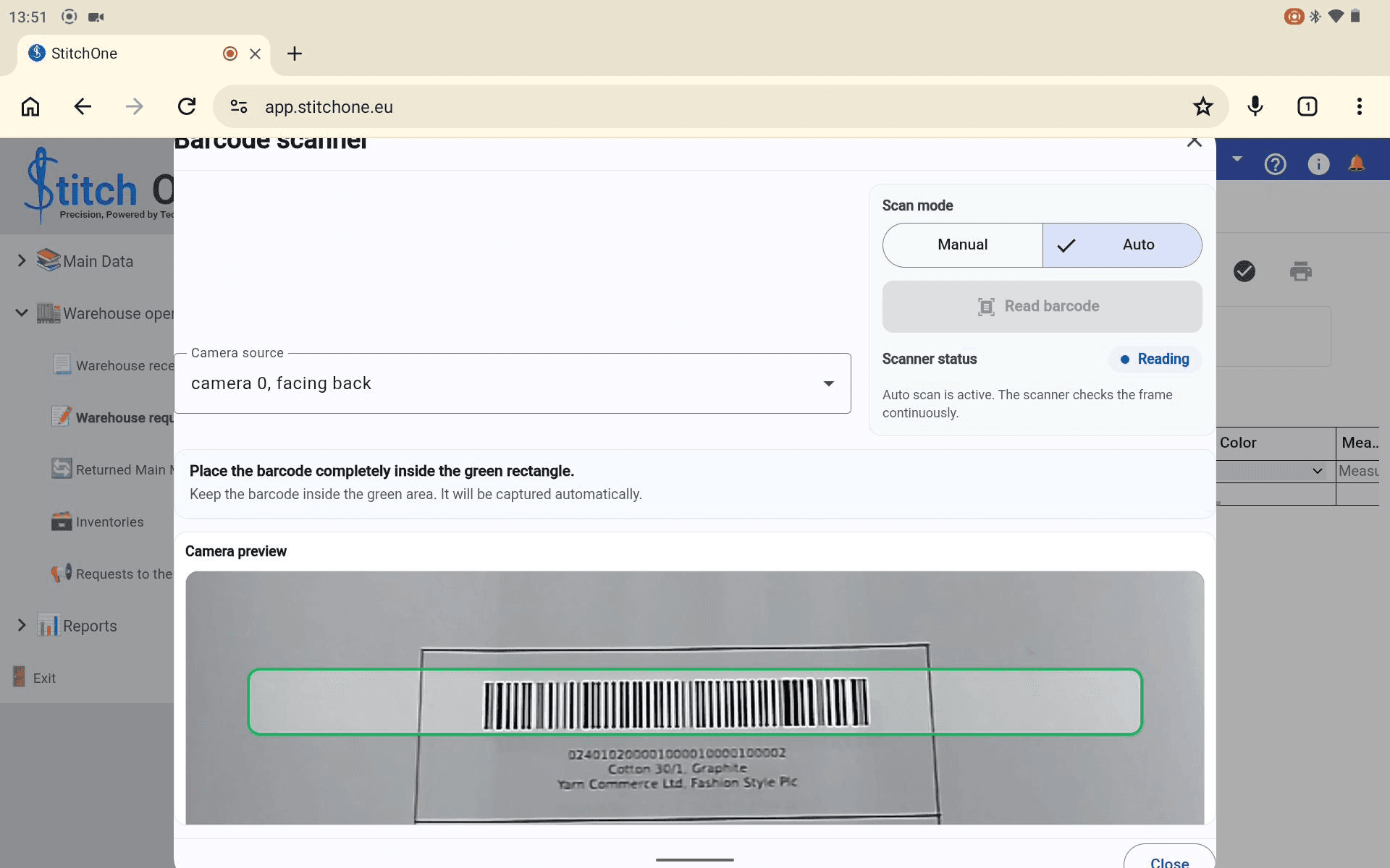 Warehouse barcode workflow in StitchOne