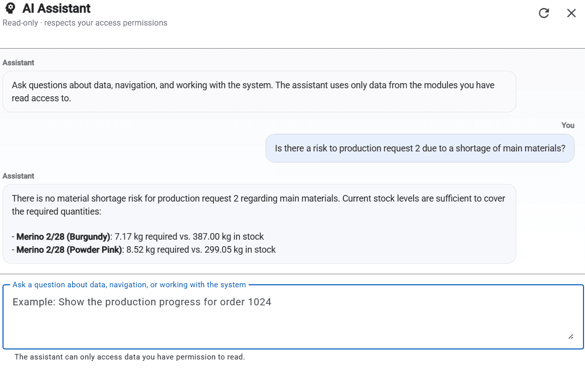 AI assistant in StitchOne answering questions about materials, inventory, and system navigation
