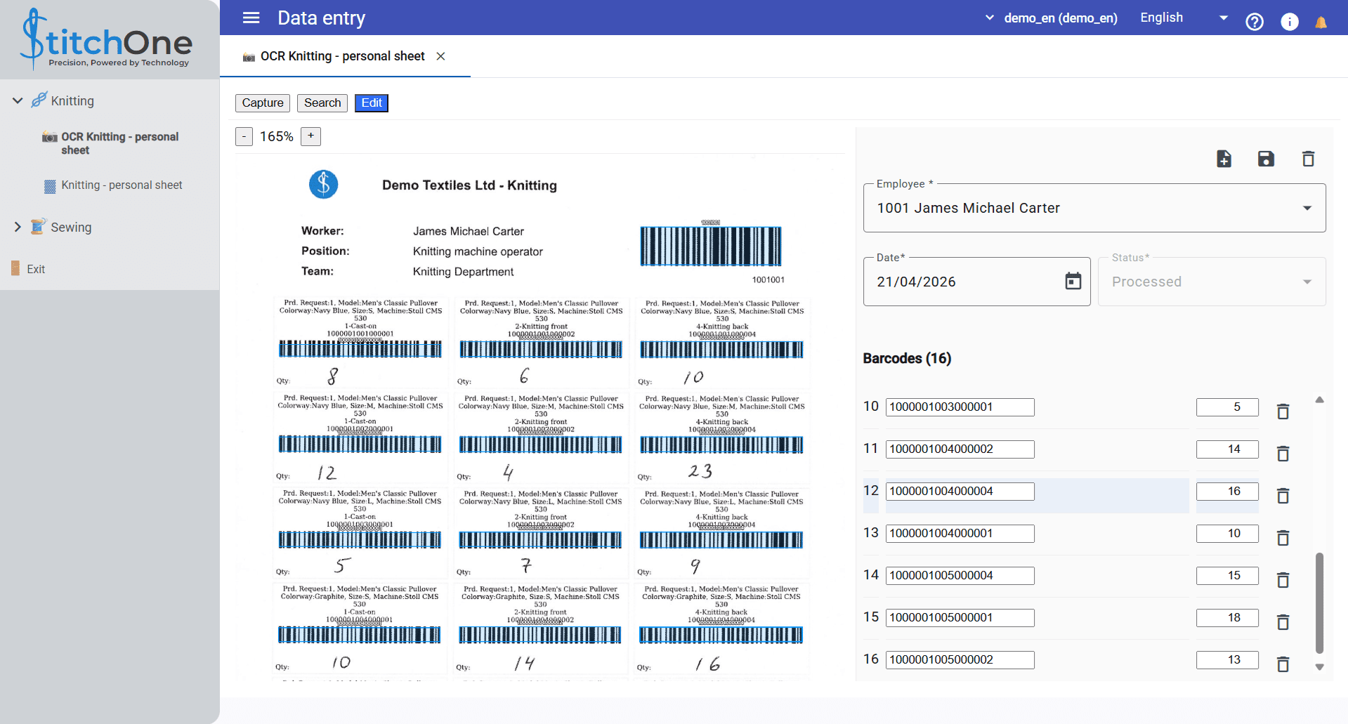 Production reporting through OCR and barcodes in StitchOne